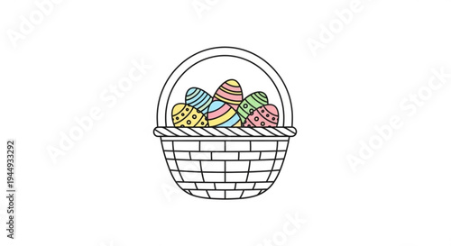 Colorful easter eggs in a white wicker basket on a plain background holiday decoration