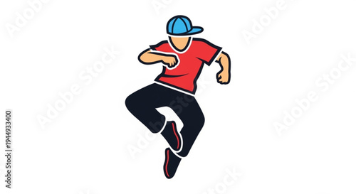 Young man wearing red shirt and blue cap dancing energetically in mid air with dynamic movement and carefree expression on white background