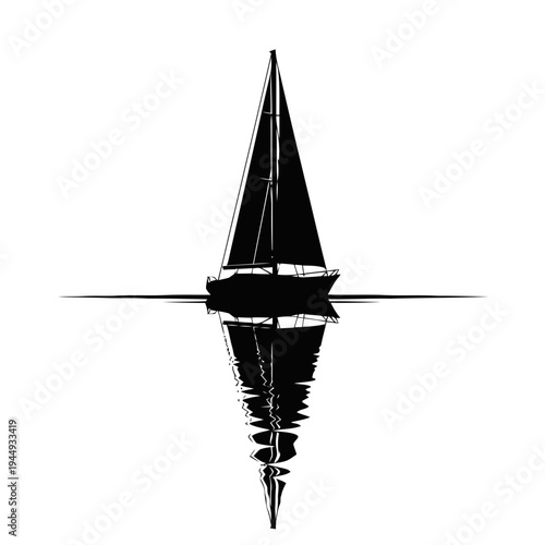 A sailboat graphic featuring a sharp vertical mast and hull is symmetrically reflected in still water below the horizon line.