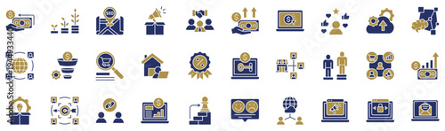 Affiliate Marketing two-tone style icon collection. Vector illustrations. Money back, Growing, Local, Promote, Join, Commission, Pay per click. Professional vectors.