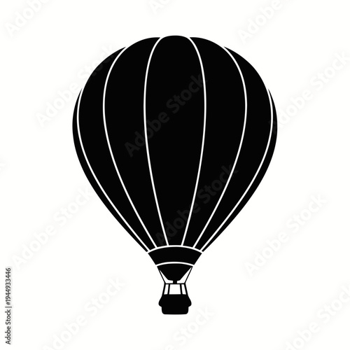 Solid black silhouette of a large hot air balloon with vertical panels and a small basket suspended underneath floats vertically.
