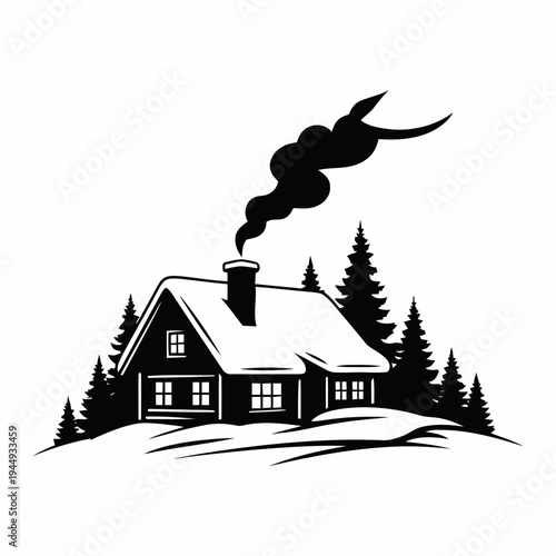 A solitary log cabin surrounded by evergreen trees features smoke curling from its chimney against a stark white background.