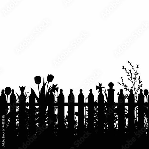 A row of garden flowers and tulips stands tall behind a picket fence silhouette creating a decorative border against a bright white backdrop for design.