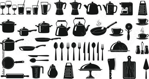 Large collection of kitchenware silhouette icons including pots pans cutlery and coffee makers for culinary design restaurant menus and home cooking appliance vector illustrations.