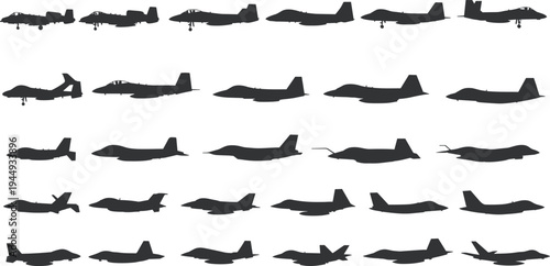 Military fighter jet silhouettes collection featuring various combat aircraft and airplane outlines for aviation defense and aerospace vector design.