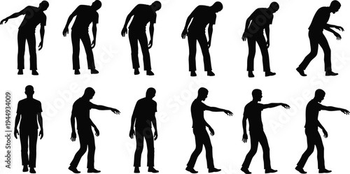 Set of black silhouettes representing a scary zombie man walking in various creepy poses isolated on a white background for horror
