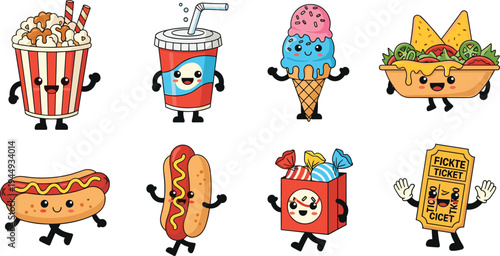 Cute Cartoon Fast Food Characters Collection Featuring Popcorn, Soda Drink, Ice Cream Cone, Nachos, Hot Dog, French Fries, and Movie Ticket