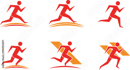 Set of Red Running Man Vector Icons and Sprinting Male Figures with Dynamic Motion Lines for Sports Fitness Athletics and Healthy Lifestyle Graphic Design Projects