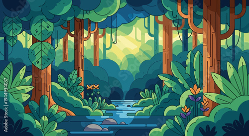 Colorful cartoon jungle scene with river.