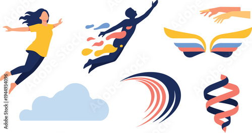 Mental Health and Emotional Freedom Concept Collection Featuring Flying People, Helping Hands, Wings, Hope Ribbon, and Cloud Symbols