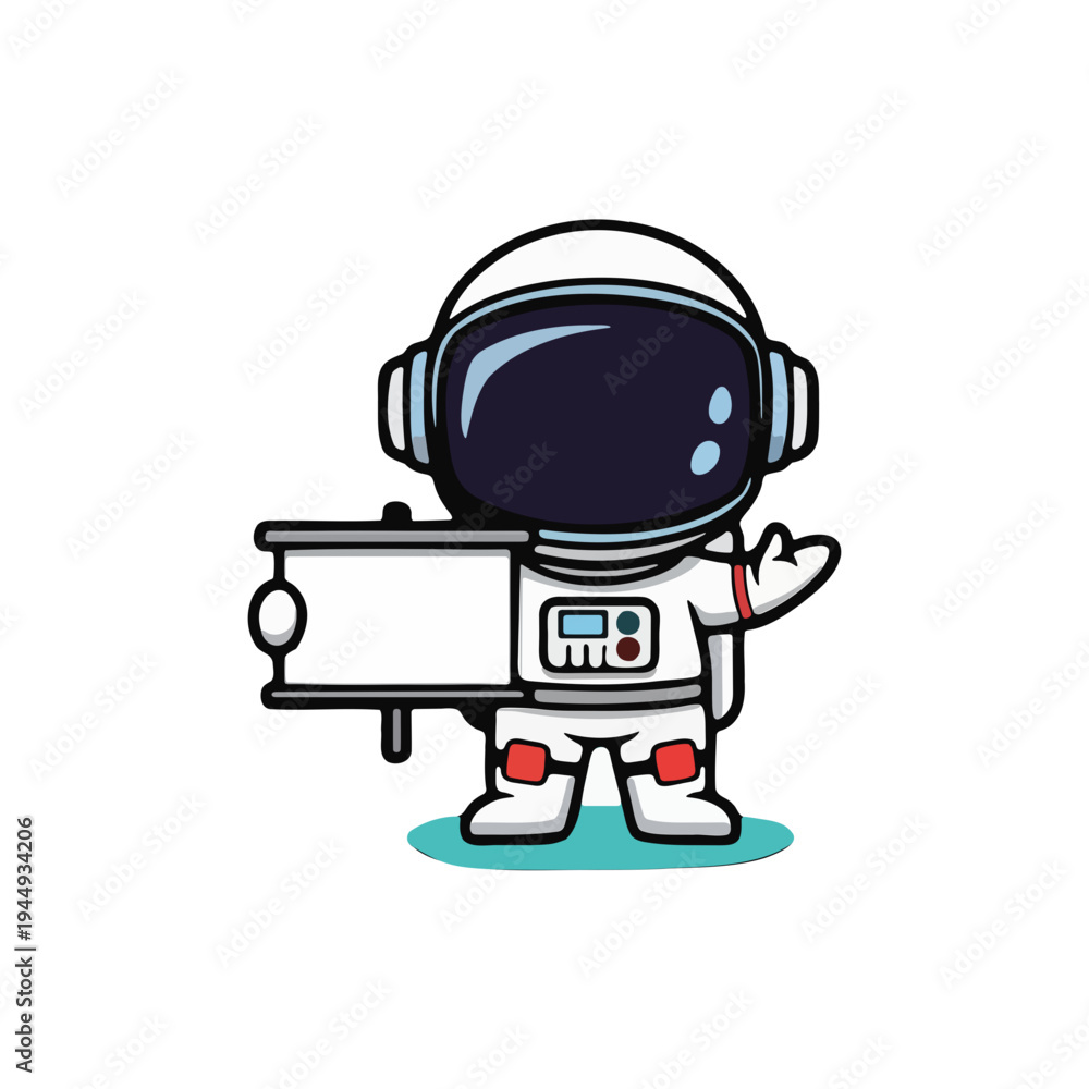 Fototapeta premium Cute Cartoon Astronaut Character Holding Blank Whiteboard and Waving Hand for Message or Presentation