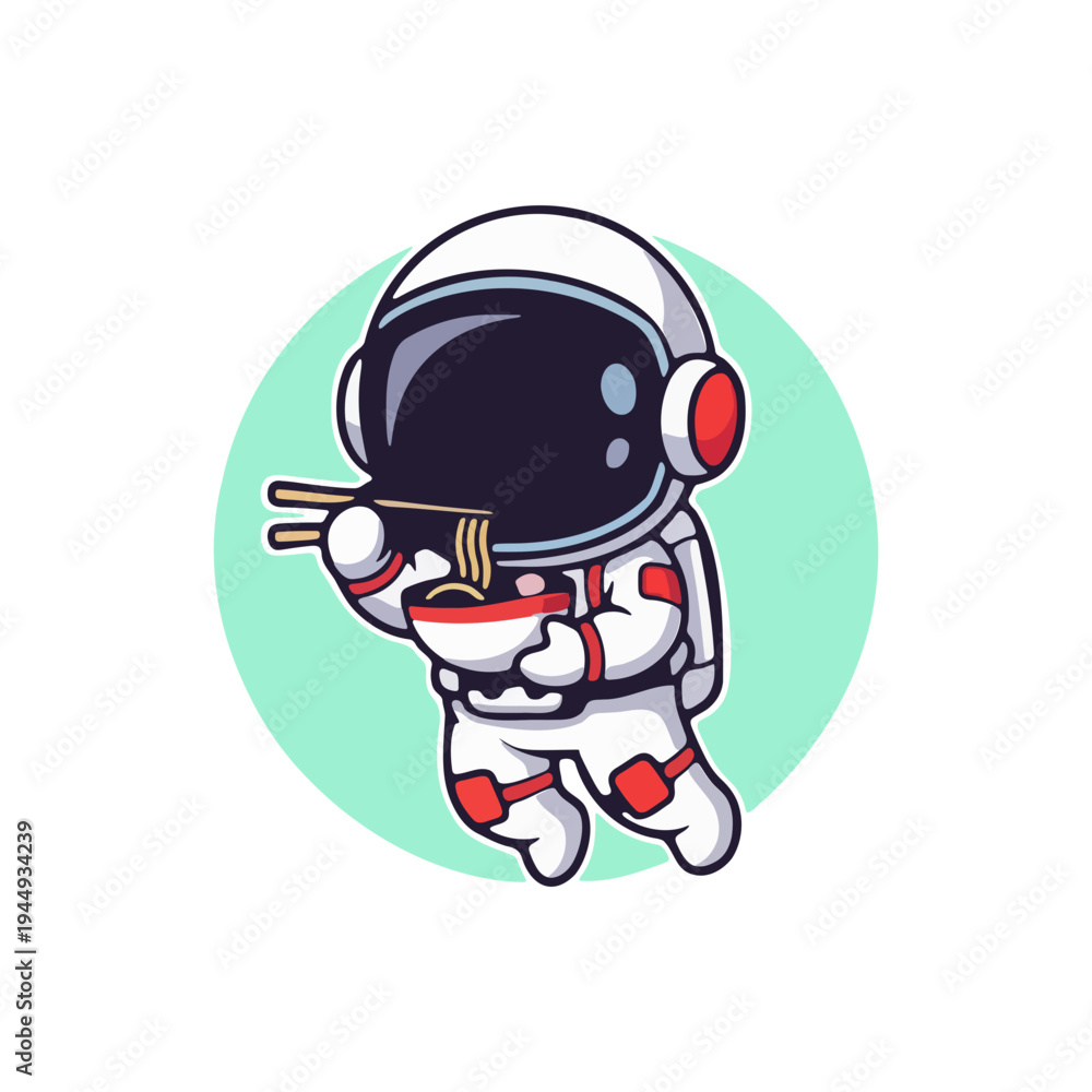 Fototapeta premium Cute Astronaut Character Eating Ramen Noodles with Chopsticks While Floating in Space Illustration