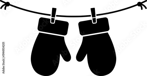 A pair of warm mittens connected by a string on a horizontal line. Drawing in one line art style with black stroke.
