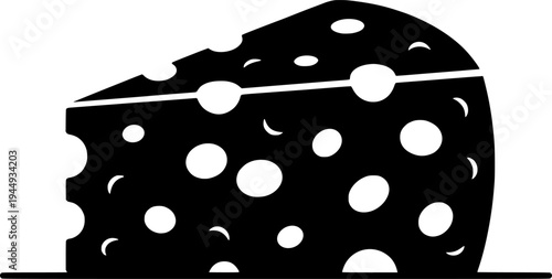 A triangular piece of cheese with large holes on a horizontal line. Drawing in one line art style with editable black stroke.
