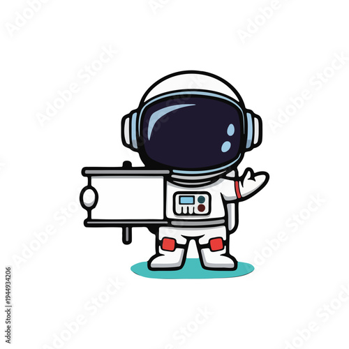 Cute Cartoon Astronaut Character Holding Blank Whiteboard and Waving Hand for Message or Presentation