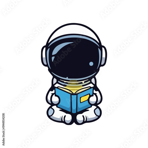 Cute Cartoon Astronaut Character Sitting and Reading a Book - Learning and Knowledge in Space Vector Illustration