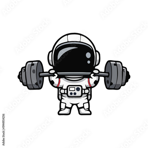 Cute Cartoon Astronaut Character Lifting Heavy Barbell, Depicting Strength, Fitness, and Determination in a Fun, Cosmic Workout Illustration.