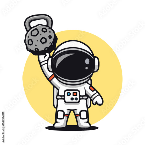 Cute cartoon astronaut in a spacesuit lifting a moon-shaped kettlebell, doing a space workout with a yellow circle background, representing cosmic fitness and strength training.