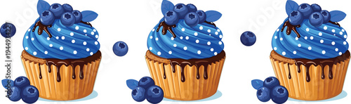 Three Chocolate Cupcakes with Blue Frosting and Fresh Blueberries Illustration Isolated on White Background for Dessert Menu and Bakery Design Projects