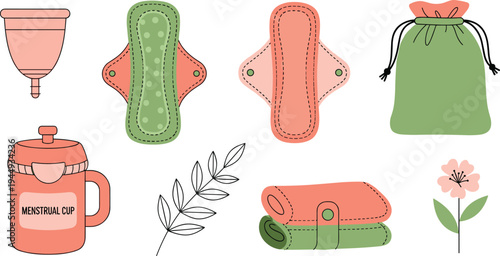 Sustainable Menstrual Care Collection Featuring Menstrual Cup, Reusable Cloth Pads, Storage Bag, Herbal Leaves, and Eco Feminine Hygiene Products