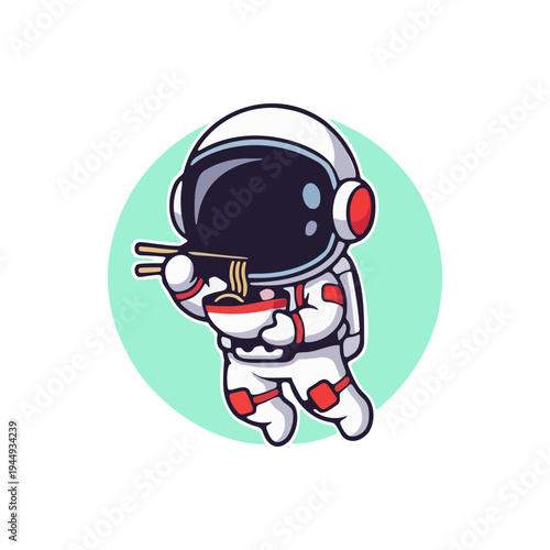 Cute Astronaut Character Eating Ramen Noodles with Chopsticks While Floating in Space Illustration