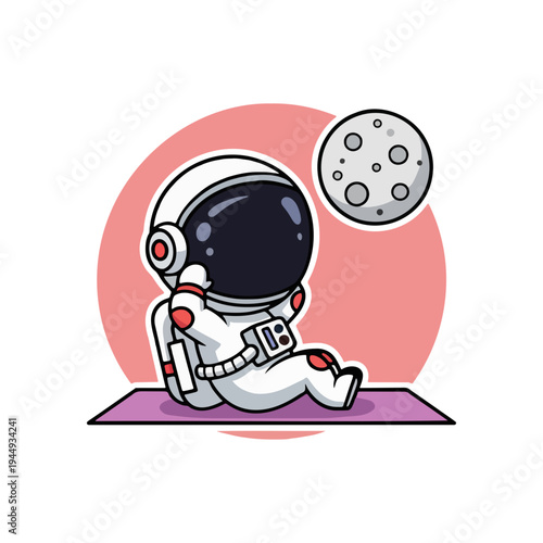 Cute Cartoon Astronaut Meditating on Yoga Mat with Moon in Space, Flat Design Vector Illustration of Space Explorer Practicing Mindfulness and Wellness