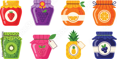 Fruit Jam Collection Featuring Strawberry, Grape, Orange, Kiwi, Raspberry, Pineapple, and Blueberry Jars