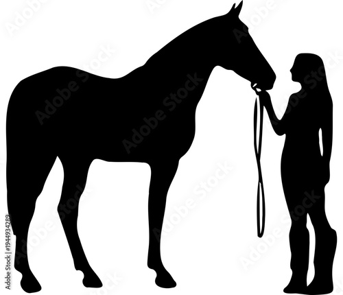 a woman standing next to a horse. The woman is holding the horse's reins and appears to be leading it