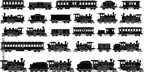 Vintage Steam Locomotive Silhouette Collection with Historical Train Engines Railway Passenger Carriages Freight Wagons and Retro Transport Vector Graphic Elements