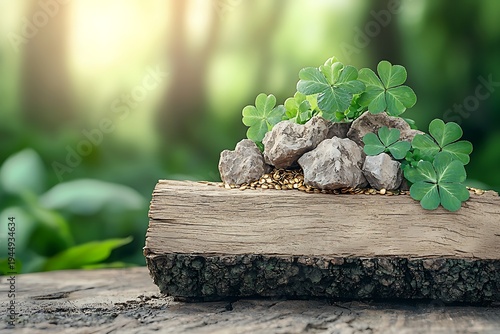 Green Leaves and Rocks on a Wooden Log with a Soft Forest Background in Natural Light