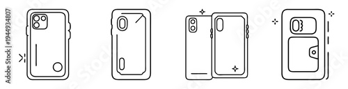 Line art depiction of four distinct phone cases with diverse features