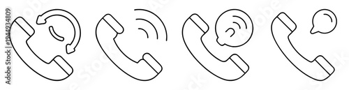 Four different phone icon designs in a row in black and white