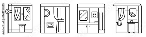 Outline vector icons of photo booth rooms with various interior designs