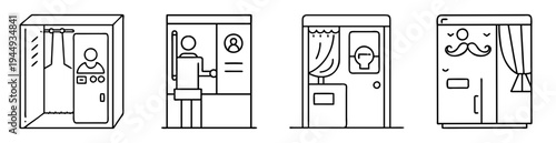 Four photobooth concepts showcasing different designs and photo styles in outlined graphics