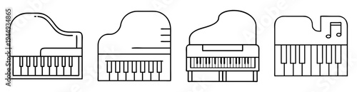 Outlined collection of four different kinds of piano designs in black and white