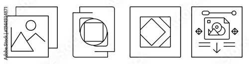 Black and white icon set depicting layers and transformations of files