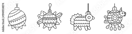 Set of four line art style cartoon piñata designs for festive occasions