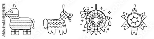 Line art illustration of various hanging paper party decorations commonly called piñatas