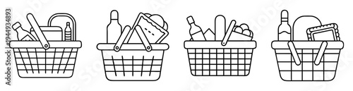 Four black and white line art picnic baskets filled with food and drinks