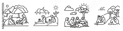 Four monochrome illustrations depicting people gathering in nature with minimalist designs