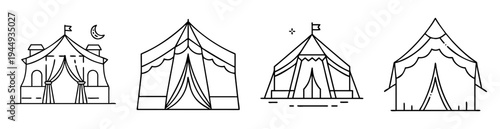 Diverse collection of outline circus tent illustrations in black and white