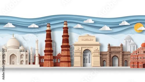 A wide banner-style paper cut illustration featuring iconic Indian monuments like the India Gate, Qutub Minar, Taj Mahal, and Gateway of India on a clean, minimal background.
