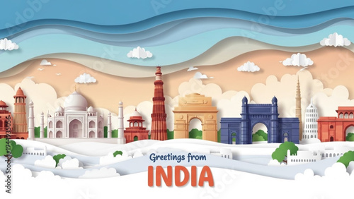 A horizontal paper cut style illustration featuring famous Indian monuments including the Taj Mahal, Qutub Minar, and Gateway of India against a layered blue and peach sky.