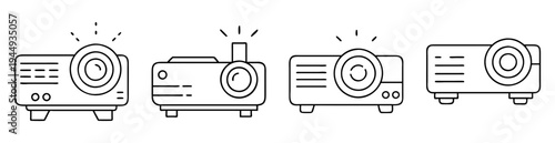 Linear illustration of four different designs of presentation projectors on white background