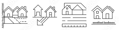 Illustration of four different house icons, showing houses in various contexts