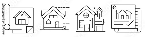 Architectural design plan icons with houses, blueprint rolls, and checkmark