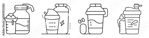 Collection of vector drawings of protein shaker bottles in different styles