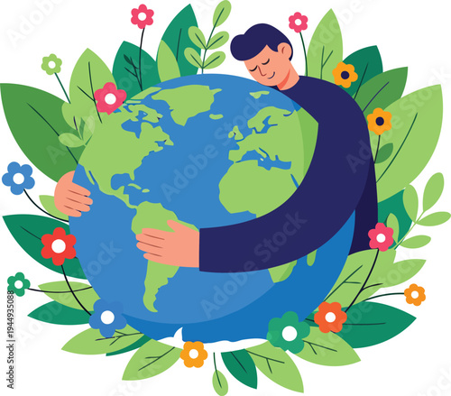 Eco Friendly Illustration of Person Hugging Earth Globe with Spring Flowers