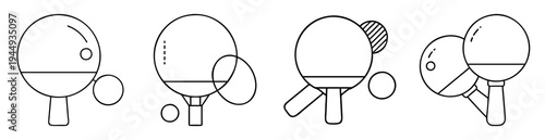 Black and white illustration of ping pong paddles and balls arrangements