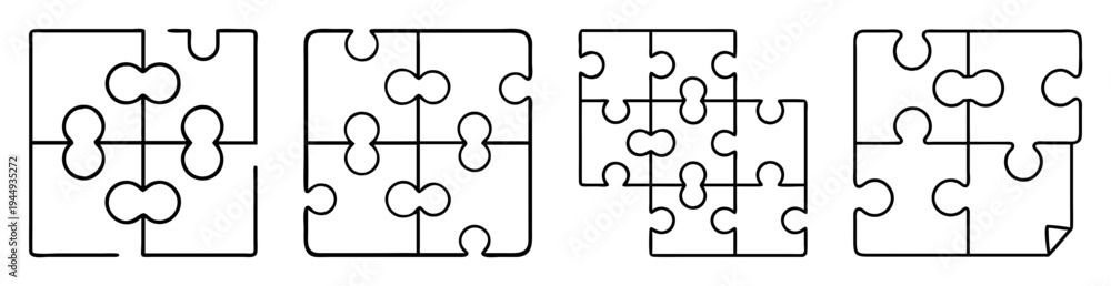 Fototapeta premium Four jigsaw puzzle pieces in various states of completion and arrangement